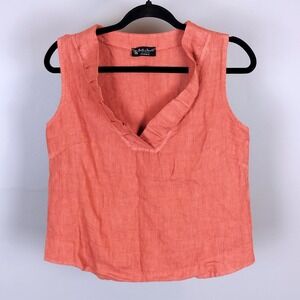Bella Amore 100% Linen Ruffle V-Neck Tank Top Womens S/M Coral Made in Italy